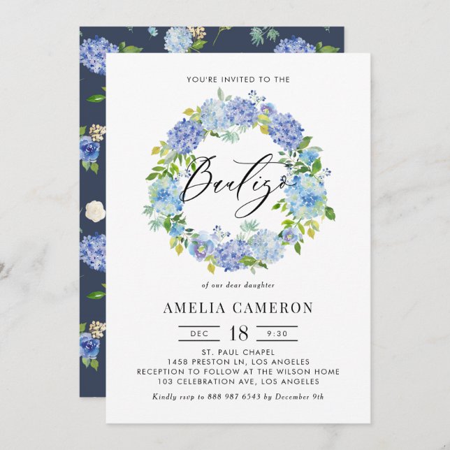 Invitación Hidrangea azul acuarela Wreath Bautizo (Anverso / Reverso)