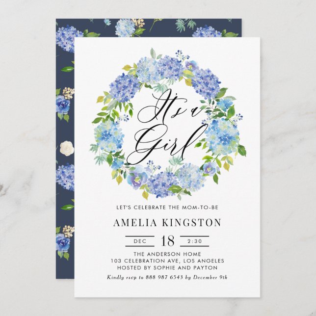 Invitación Hidrangea azul acuarela Wreath es un Chica (Anverso / Reverso)