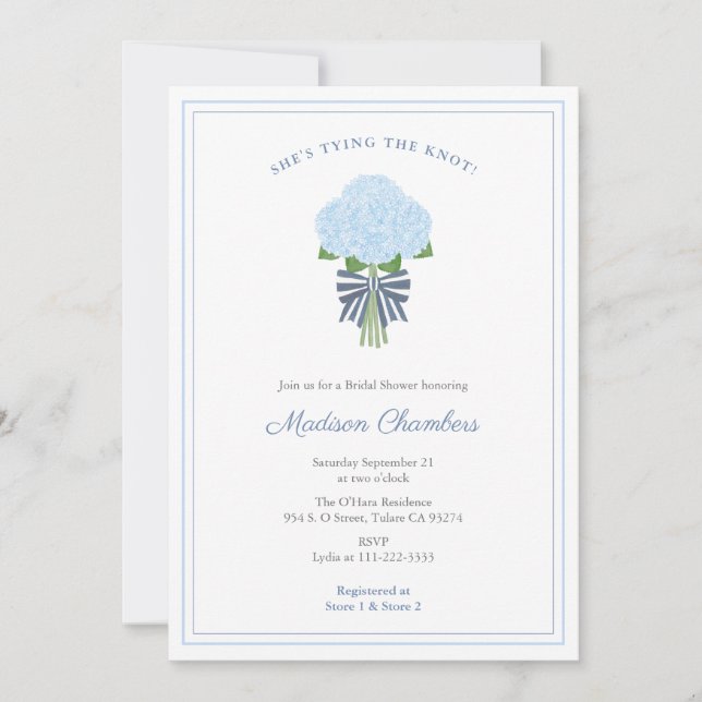 Invitación Hidrangea Azul Amarrando La Ducha De Novias De Kno (Anverso)