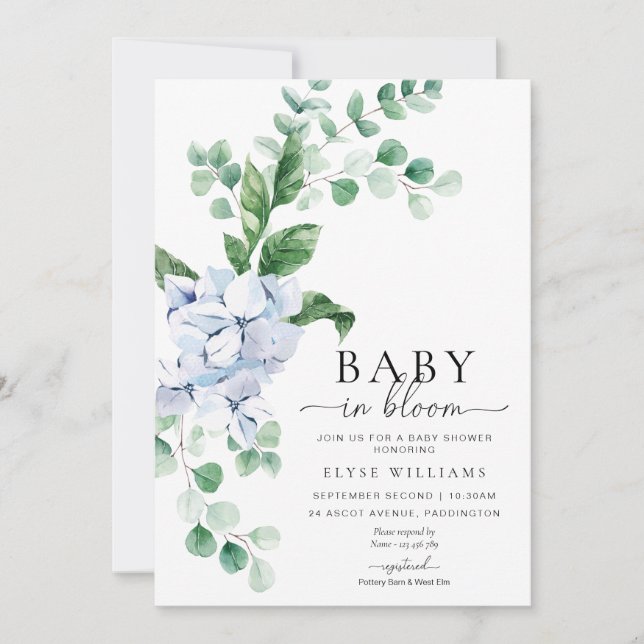 Invitación Hidrangea Azul Bebé Floral En Ducha De Bloom (Anverso)