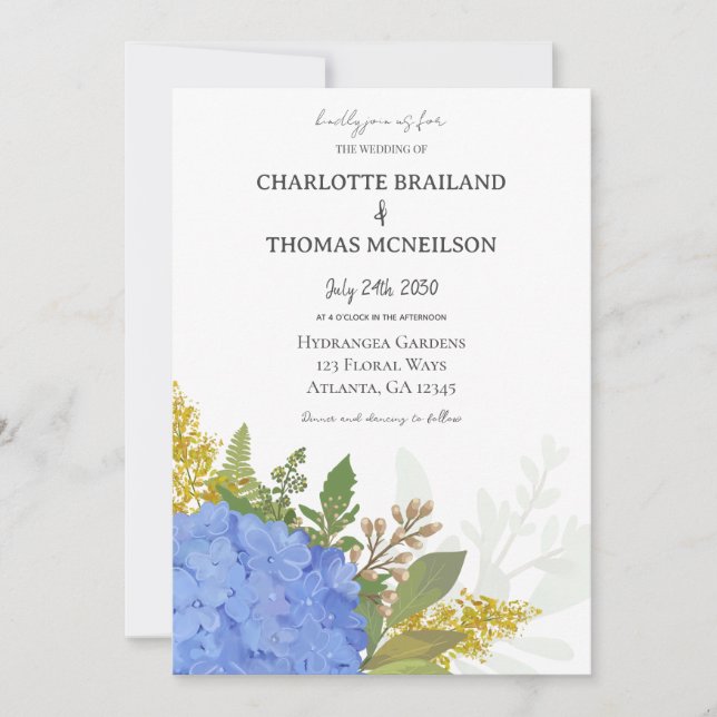Invitación Hidrangea azul Boda artístico floral moderno (Anverso)