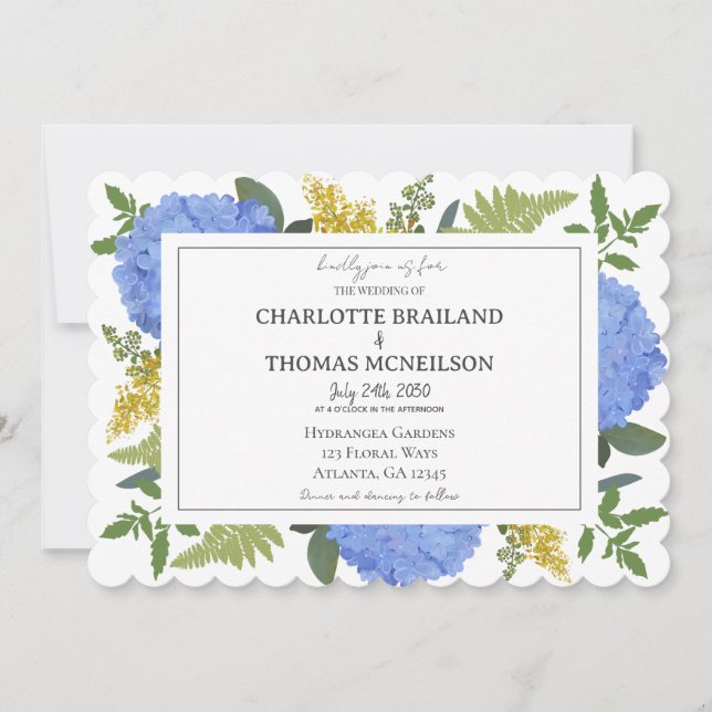 Invitación Hidrangea azul Boda artístico floral moderno (Anverso)
