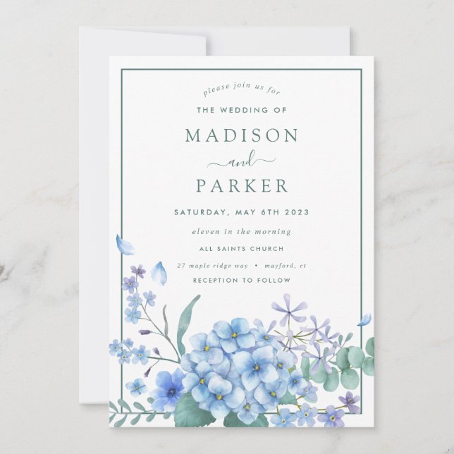 Invitación Hidrangea Azul Boda floral (Anverso)