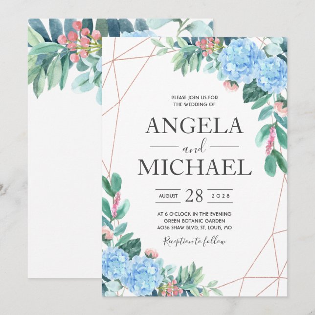 Invitación Hidrangea azul boda floral (Anverso / Reverso)