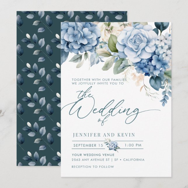 Invitación Hidrangea azul Boda floral de escritura moderna (Anverso / Reverso)