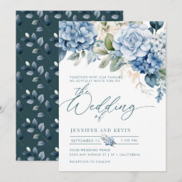 Invitación Hidrangea azul Boda floral de escritura moderna
