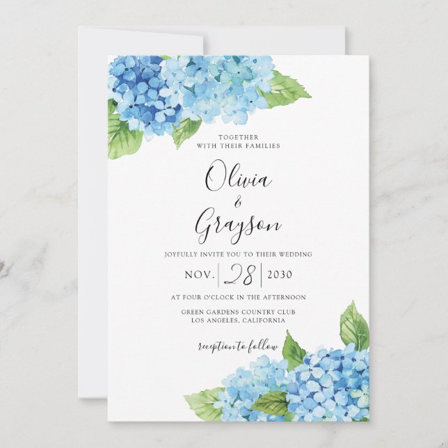 Invitación Hidrangea Azul Clara Floral QR Todo En Un Boda (Anverso)
