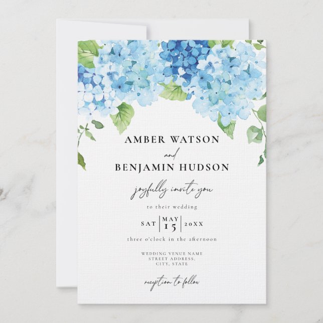 Invitación Hidrangea azul claro Boda floral de la Marina Polv (Anverso)