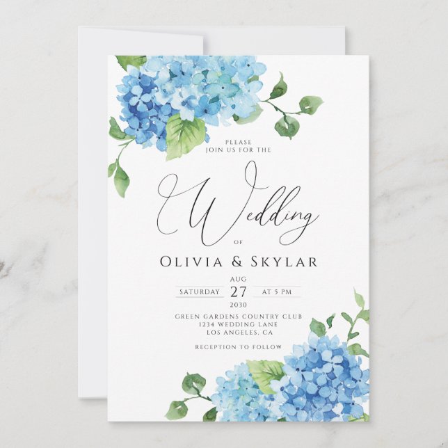 Invitación Hidrangea Azul Claro Código QR Todo En Un Boda (Anverso)