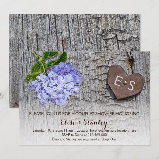 Invitación Hidrangea azul corazón parejas florales ducha boda (Anverso / Reverso)