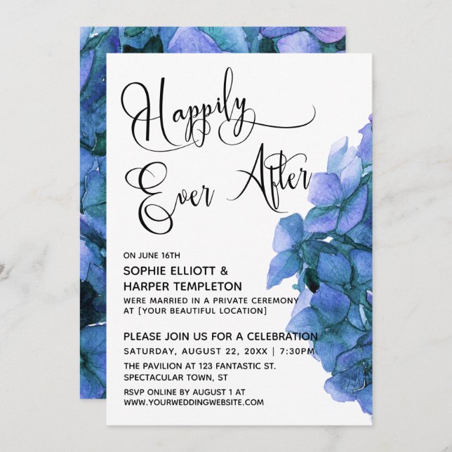 Invitación Hidrangea Azul Feliz Nunca Después De La Recepción (Anverso / Reverso)