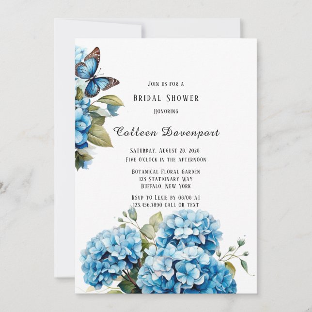 Invitación Hidrangea Azul Mariposa Floral Ducha de novia (Anverso)
