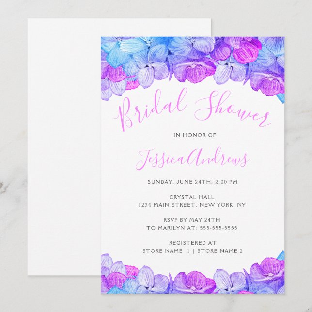 Invitación Hidrangea Azul Moderna Ducha Marítima Floral (Anverso / Reverso)