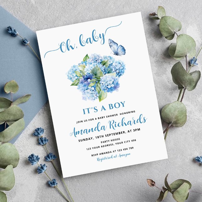 Invitación Hidrangea azul Oh, bebé, es un niño Baby Shower (Subido por el creador)