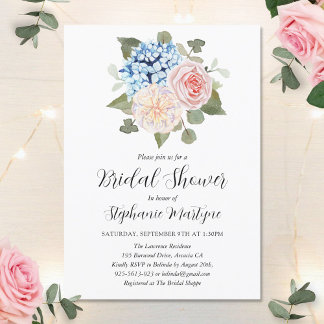 Invitación Hidrangea Azul Pink Floral Botánica Ducha Nupcial