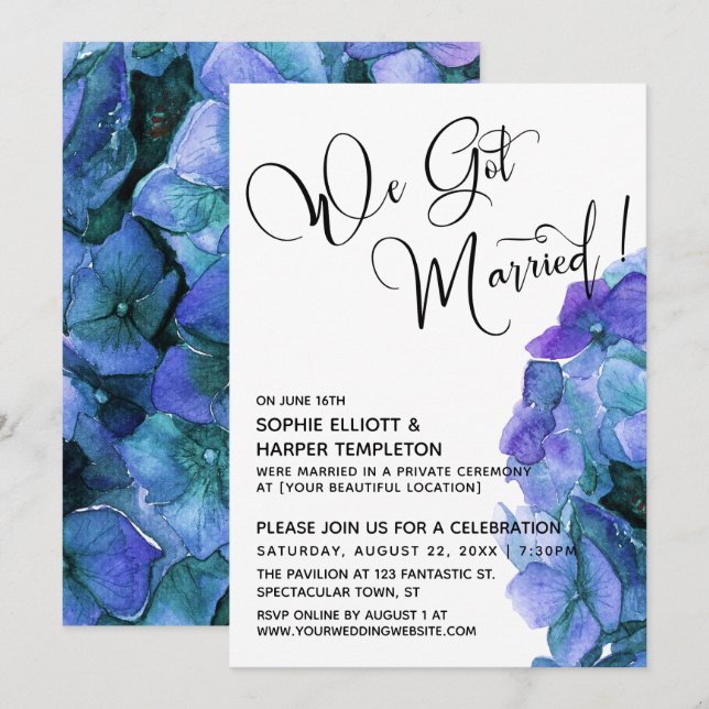 Invitación Hidrangea Azul Púrpura Nos Casamos (Anverso / Reverso)