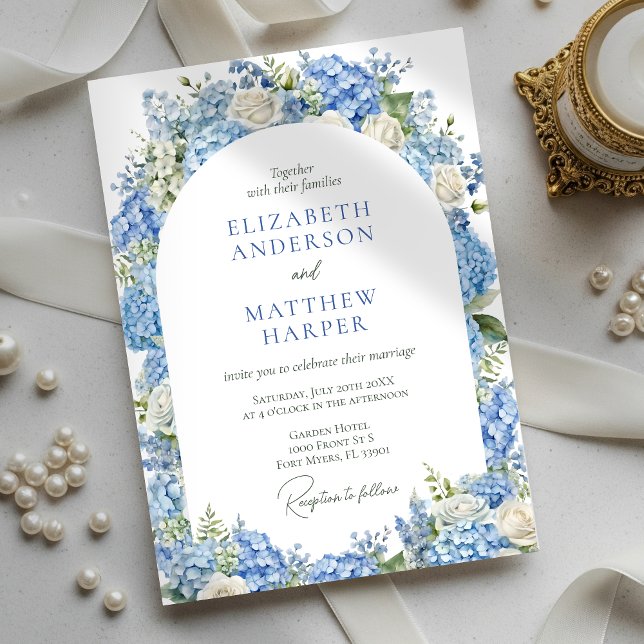 Invitación Hidrangea Azul Rosas Blancas Boda de arco floral (Subido por el creador)
