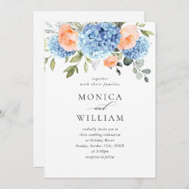 Invitación Hidrangea Azul Rubor Rosa Boda Todo En Uno