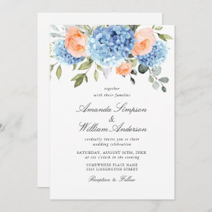 Invitación Hidrangea Azul Rubor Rosa Boda Todo En Uno