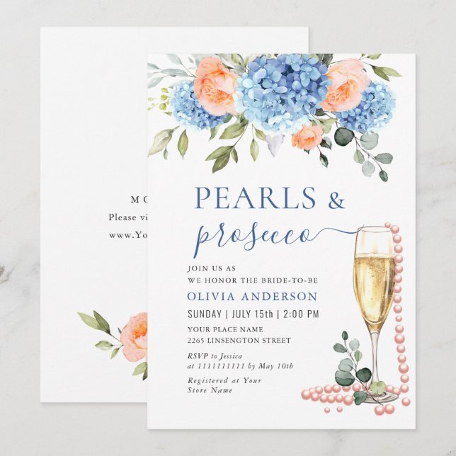 Invitación Hidrangea azul Rubor Roses rosados PEARLS & Prosec (Anverso / Reverso)