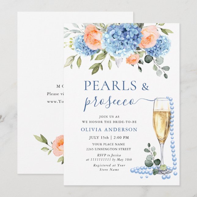 Invitación Hidrangea azul Rubor Roses rosados PEARLS & Prosec (Anverso / Reverso)