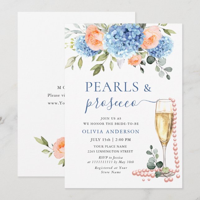 Invitación Hidrangea azul Rubor Roses rosados PEARLS & Prosec (Anverso / Reverso)