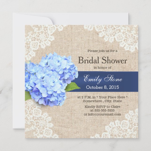 Invitación Hidrangea Azul Rusa Lace & Burlap Bridal Shower (Anverso)