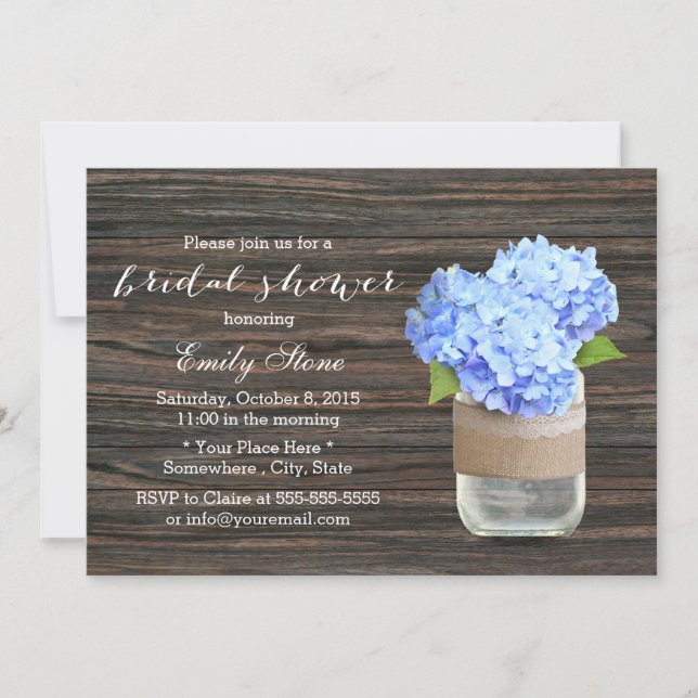 Invitación Hidrangea Azul Rústico Ducha de Novias Mason Jar (Anverso)