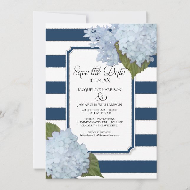 Invitación Hidrangea azul salva la floral a rayas de ancho (Anverso)