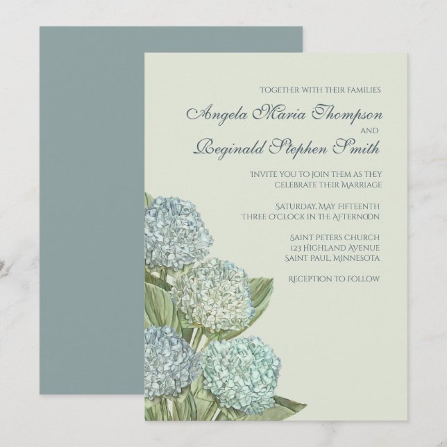 Invitación Hidrangea azul/ Verde sabio (Anverso / Reverso)