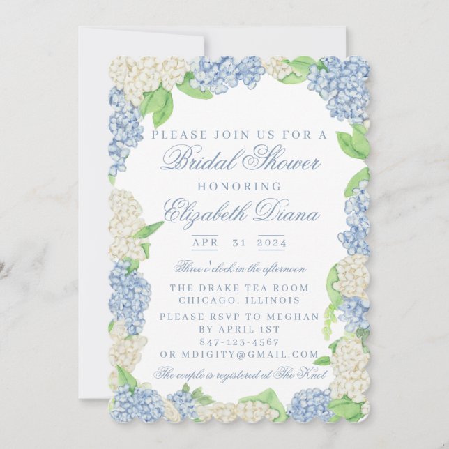 Invitación Hidrangea azul y blanca Ducha de novia (Anverso)