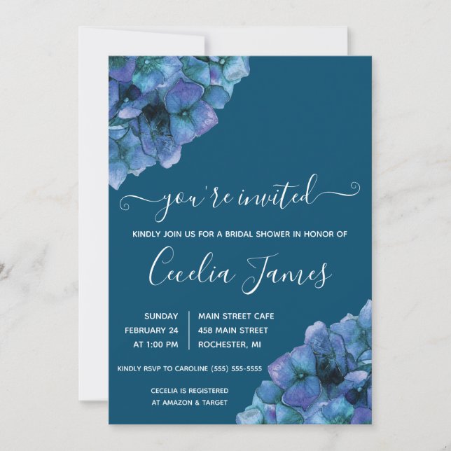 Invitación Hidrangea azul y púrpura ducha de novia (Anverso)
