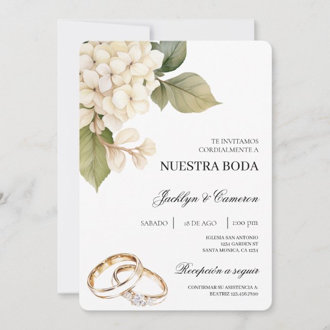 Invitación Hidrangea blanca con anillo Boda español (Anverso)