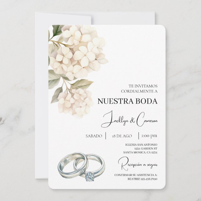 Invitación Hidrangea blanca con anillo Boda español (Anverso)
