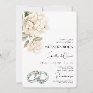 Invitación Hidrangea blanca con anillo Boda español
