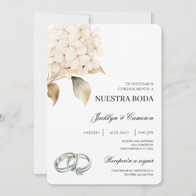 Invitación Hidrangea blanca con anillo Boda español (Anverso)