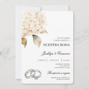 Invitación Hidrangea blanca con anillo Boda español