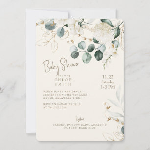 Invitación Hidrangea Blanca Eucalyptus Cream Baby Shower