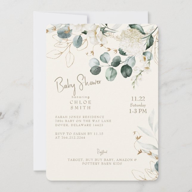 Invitación Hidrangea Blanca Eucalyptus Cream Baby Shower (Anverso)