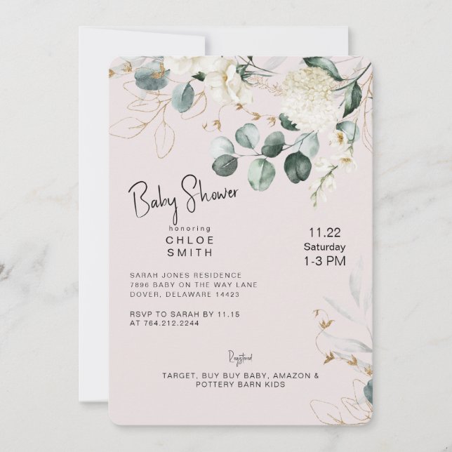 Invitación Hidrangea Blanca Eucalyptus Rubor Baby Shower (Anverso)