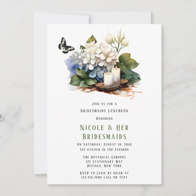 Invitación Hídrangea Blanca Mariposa Bridesmaids Luncheon (Anverso)