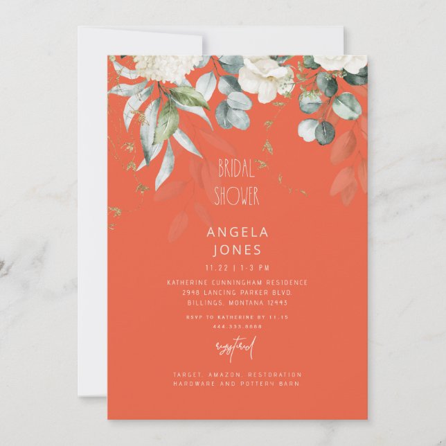 Invitación Hidrangea blanca Tangerine Bridal Shower (Anverso)