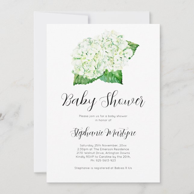 Invitación Hidrangea blanca Watercolor Baby Shower Botánico (Anverso)