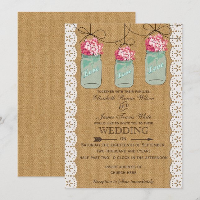 Invitación hidrangea burlap Frasco de masón ruso boda (Anverso / Reverso)