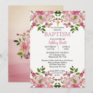Invitación Hidrangea Chica de acuarela floral rosa Bautismo