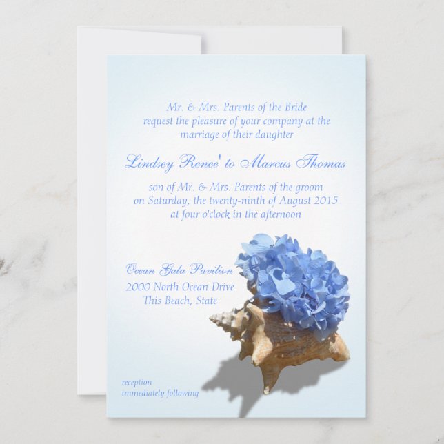 Invitación Hidrangea costera y Boda de Shell (Anverso)