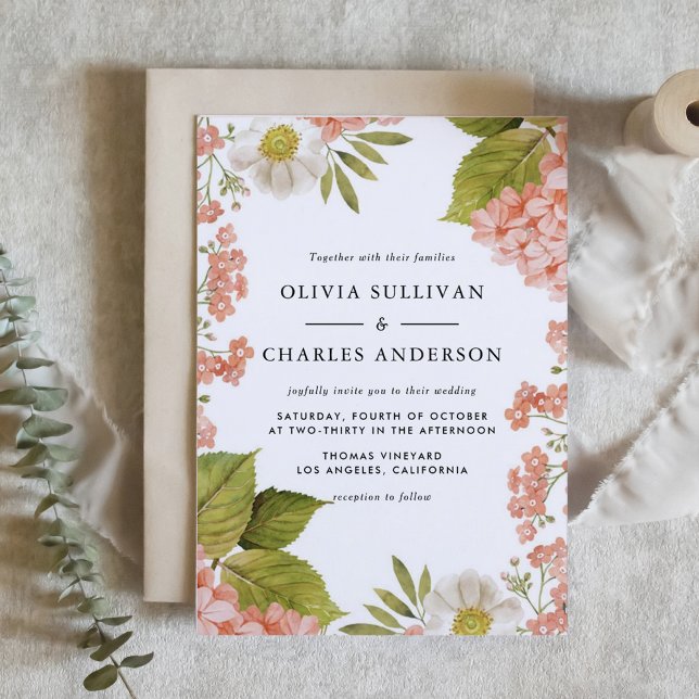 Invitación Hidrangea de acuarela botánica y Boda de anémona (Botanical Watercolor Peach Hydrangeas and White Anemones Wedding Invitation)