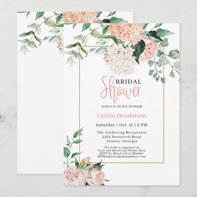 Invitación Hidrangea de flores blancas rosadas Rubor Ducha de (Anverso / Reverso)
