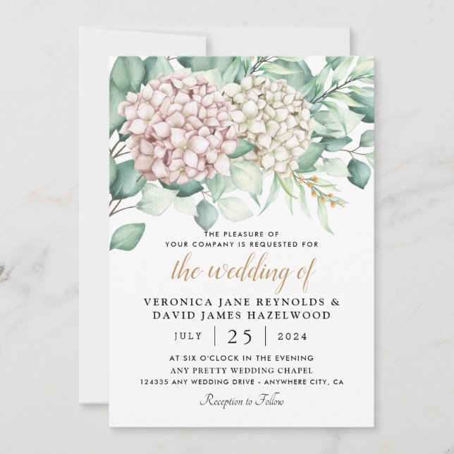 Invitación Hidrangea Elegante Rosa Verde Blanco Boda Floral (Anverso)