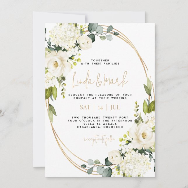 Invitación Hidrangea floral blanca, vegetación, geométrica (Anverso)